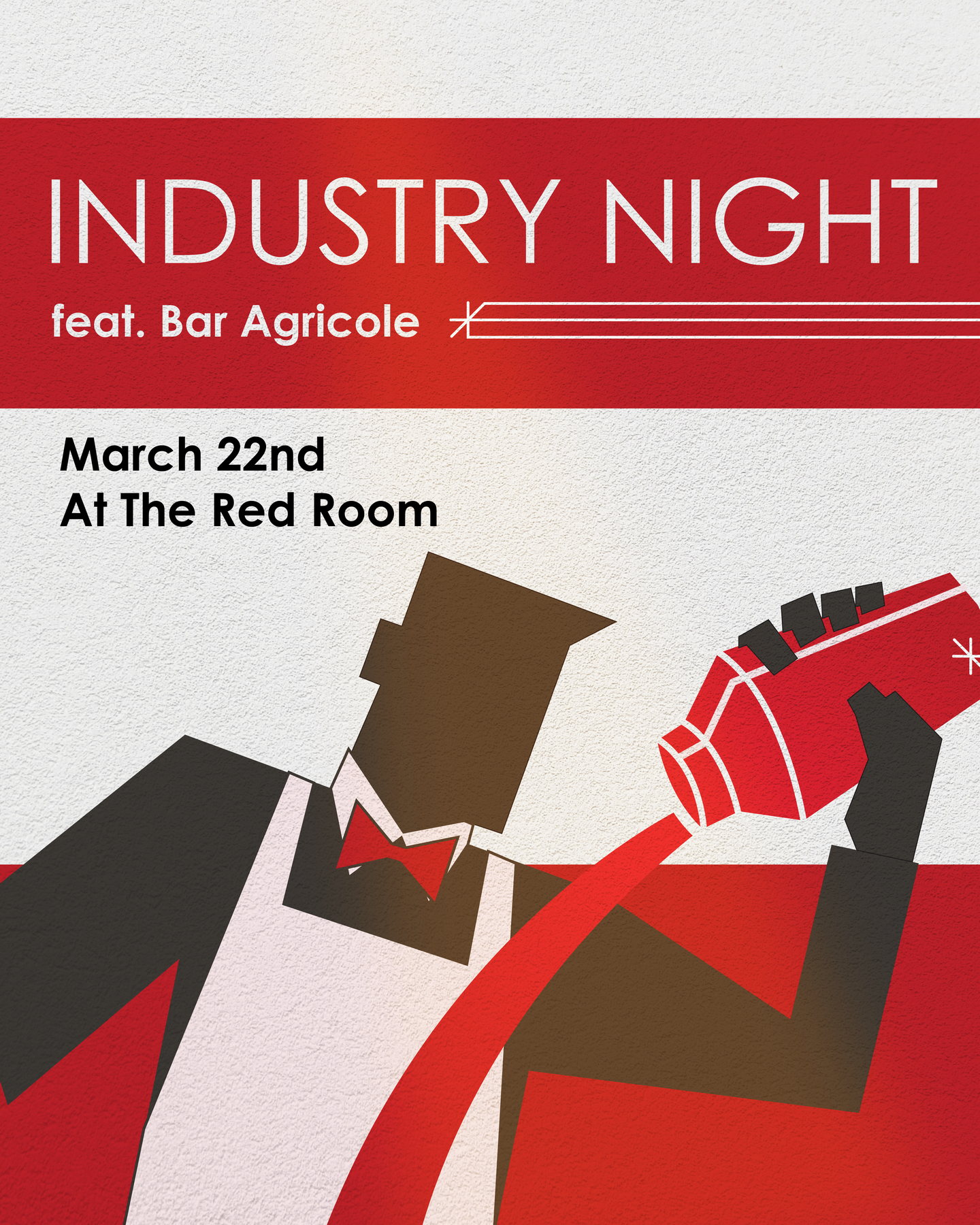 Industry Night feat Bar Agricole digital flyer with constructivist bartender shaking a red cocktail shaker on textured white plaster